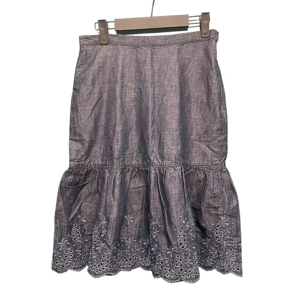 ELIE TAHARI DENIM LINEN BLEND EMBROIDERED EYELET SKIRT